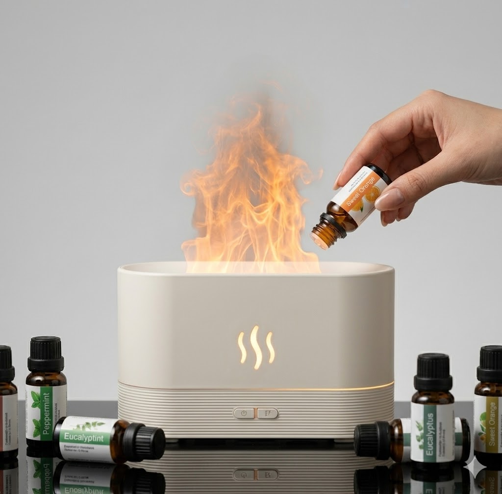 Essential Oil Flame Diffuser | 7 Colour LED Aromatherapy Humidifier | Quiet Auto-Off Aroma Diffuser for Bedroom Home Office Room