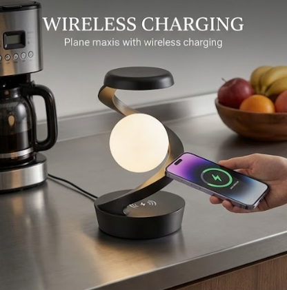 Modern Minimalist Desk Lamp with Wireless Phone Charging Rotating Moon Design for Gaming Room Bedroom Nightstand Lamp